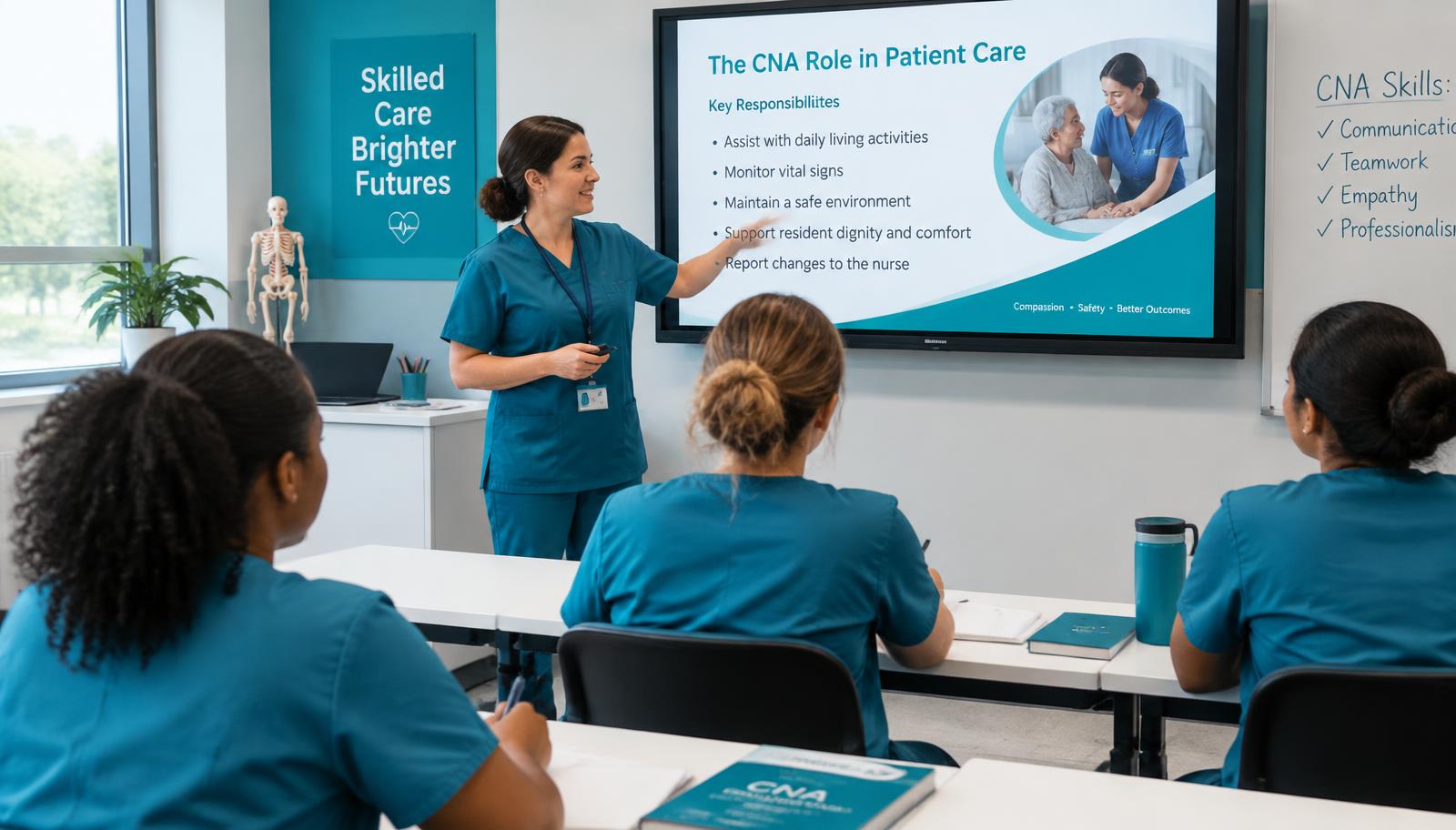 CNA instructor teaching a live class with a presentation